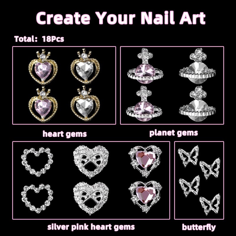 CESUSME 450Pcs 3D Heart Planet Butterfly Nail Rhinestones Gems Charms Alloy Butterfly White Flower Bow Nail Gems and Charms Mix Size White Rhinestones Nails Gem Pearls for Nails Art DIY Accessories - Image 3